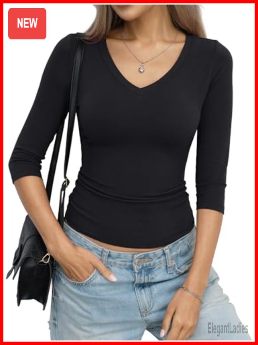 Womens Cotton 3/4 Sleeve V Neck Fitted Basic T Shirt